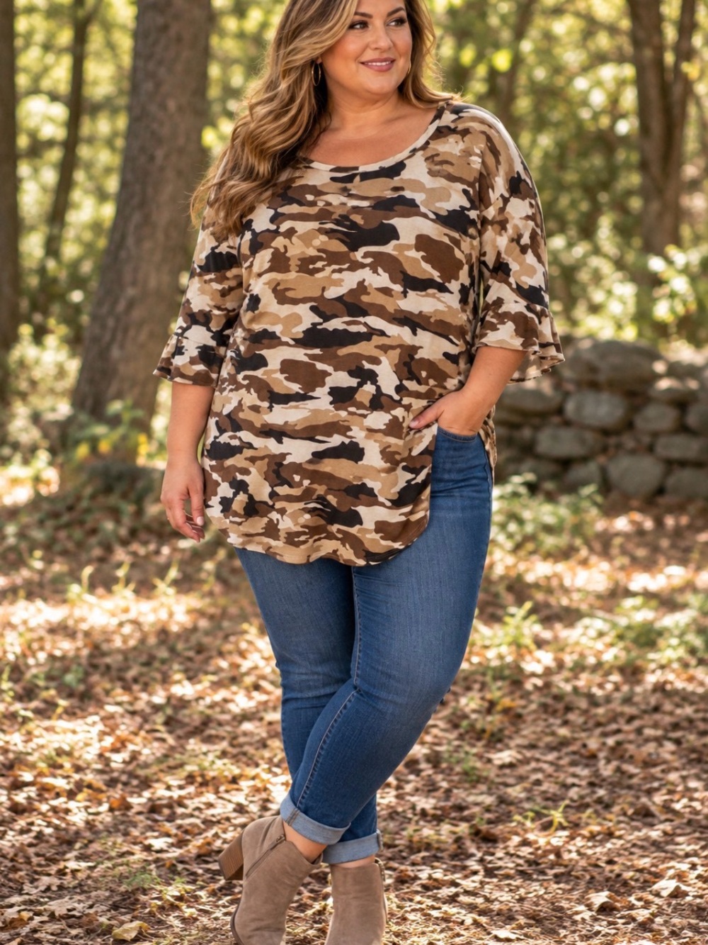 Hayden Brown Camo Scoop Neck Tunic flutter 3/4 sleeves NWT FALL COLORS